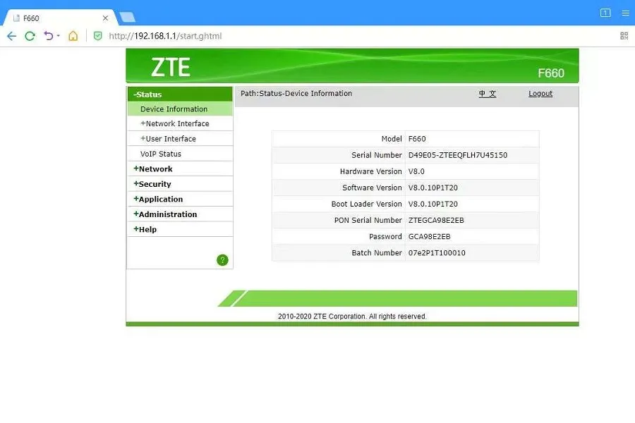 ZTE F660 status device information